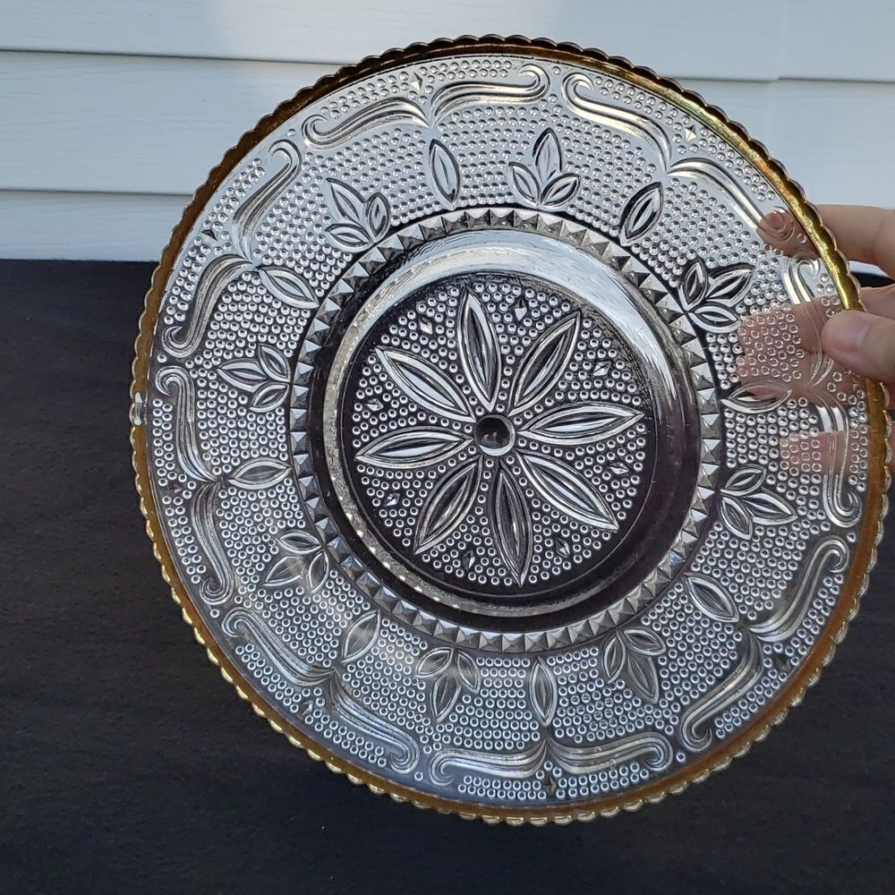 Beautiful Vintage Floral Pressed Glass Serving Plate Gold Trim Intricate Design